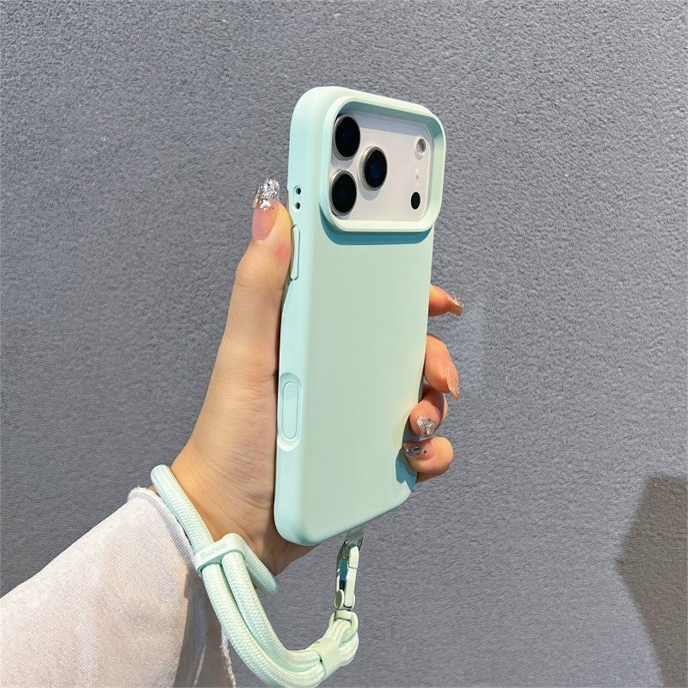 For iPhone 17 Pro Max Case Soft Microfiber Lining Liquid Silicone + PC Phone Cover with Wrist Strap - Light Green
