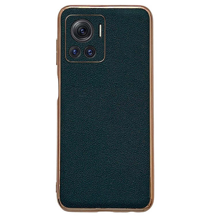 Luolai Series For Motorola Moto X30 Pro 5G / Edge 30 Ultra 5G Electroplating Phone Case Genuine Leather Coated PC+TPU Hybrid Protective Cover - Midnight Green