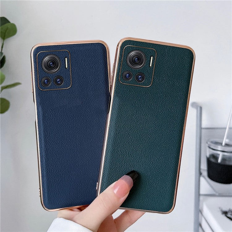 Luolai Series For Motorola Moto X30 Pro 5G / Edge 30 Ultra 5G Electroplating Phone Case Genuine Leather Coated PC+TPU Hybrid Protective Cover - Midnight Green