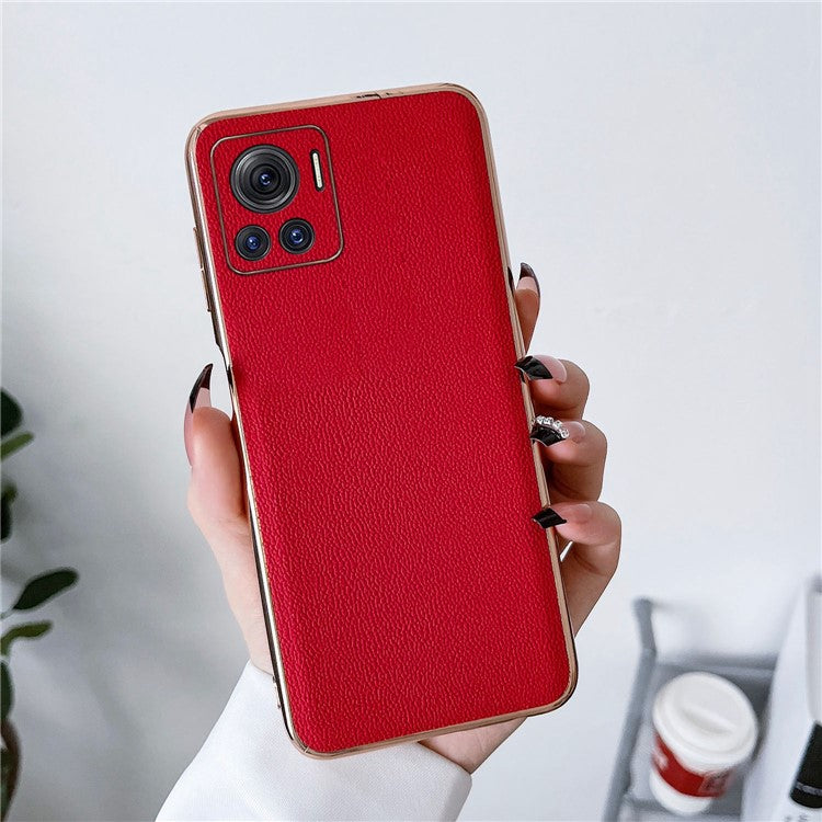 Luolai Series For Motorola Moto X30 Pro 5G / Edge 30 Ultra 5G Electroplating Phone Case Genuine Leather Coated PC+TPU Hybrid Protective Cover - Red