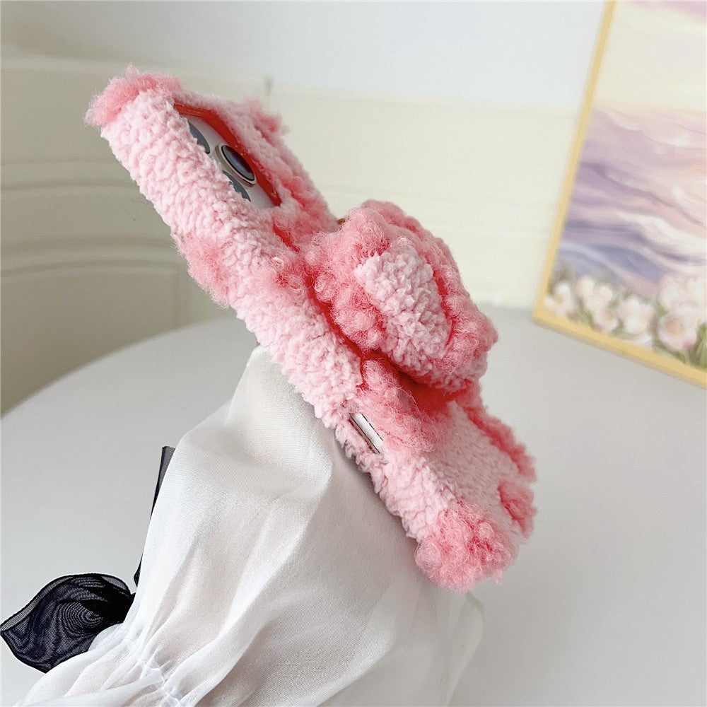 For iPhone 17 Pro Max Case 3D Heart Plush TPU Winter Warm Soft TPU Phone Cover - Pink