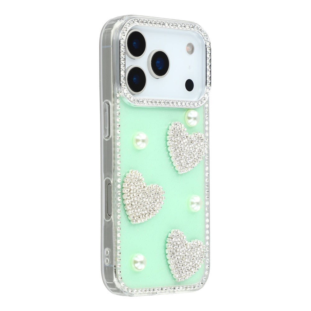 For iPhone 17 Pro Max Case Rhinestone Edge Pearl Love Decor TPU + PC IMD Phone Cover - Glitter Light Green