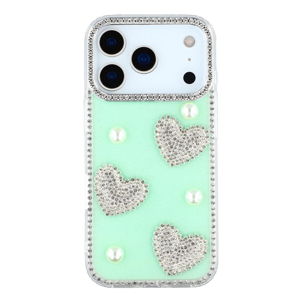 For iPhone 17 Pro Max Case Rhinestone Edge Pearl Love Decor TPU + PC IMD Phone Cover - Glitter Light Green