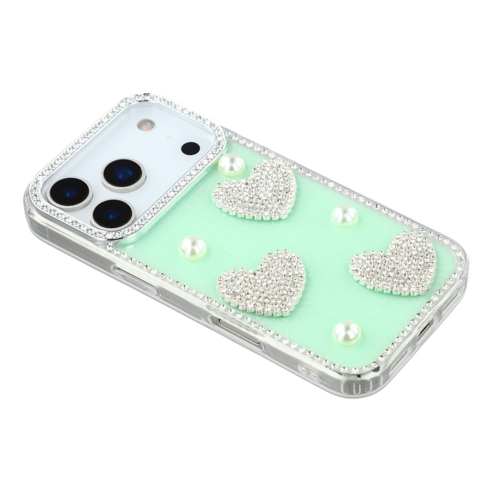 For iPhone 17 Pro Max Case Rhinestone Edge Pearl Love Decor TPU + PC IMD Phone Cover - Glitter Light Green