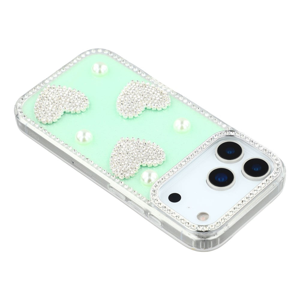 For iPhone 17 Pro Max Case Rhinestone Edge Pearl Love Decor TPU + PC IMD Phone Cover - Glitter Light Green