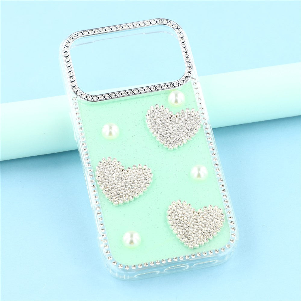 For iPhone 17 Pro Max Case Rhinestone Edge Pearl Love Decor TPU + PC IMD Phone Cover - Glitter Light Green