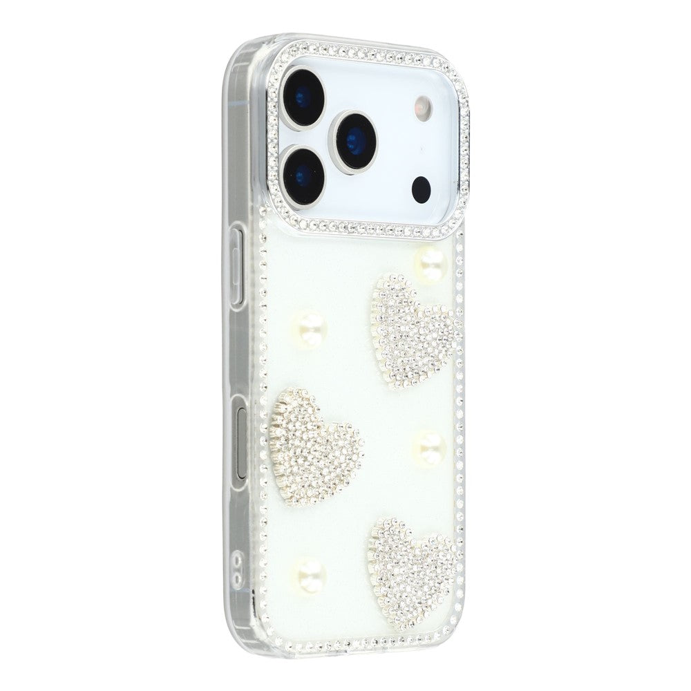 For iPhone 17 Pro Max Case Rhinestone Edge Pearl Love Decor TPU + PC IMD Phone Cover - Glitter White