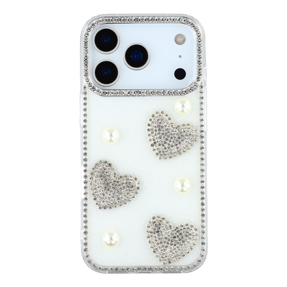For iPhone 17 Pro Max Case Rhinestone Edge Pearl Love Decor TPU + PC IMD Phone Cover - Glitter White