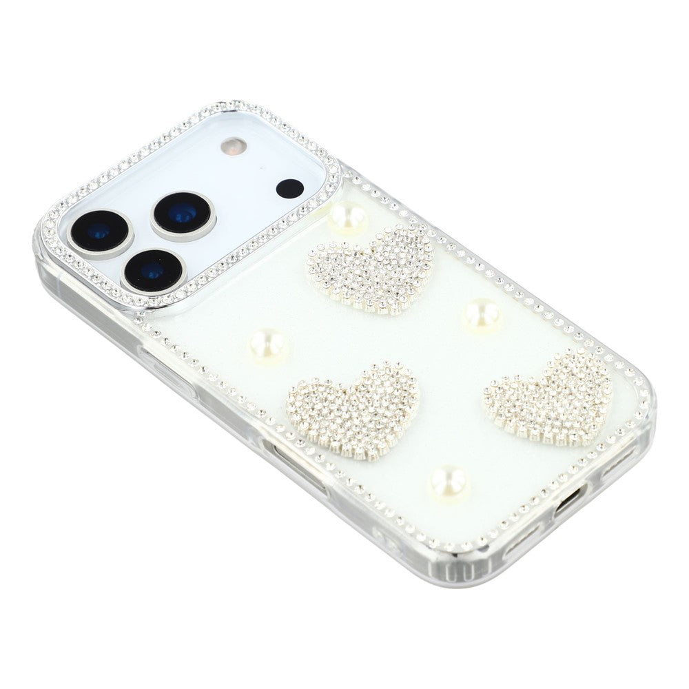 For iPhone 17 Pro Max Case Rhinestone Edge Pearl Love Decor TPU + PC IMD Phone Cover - Glitter White