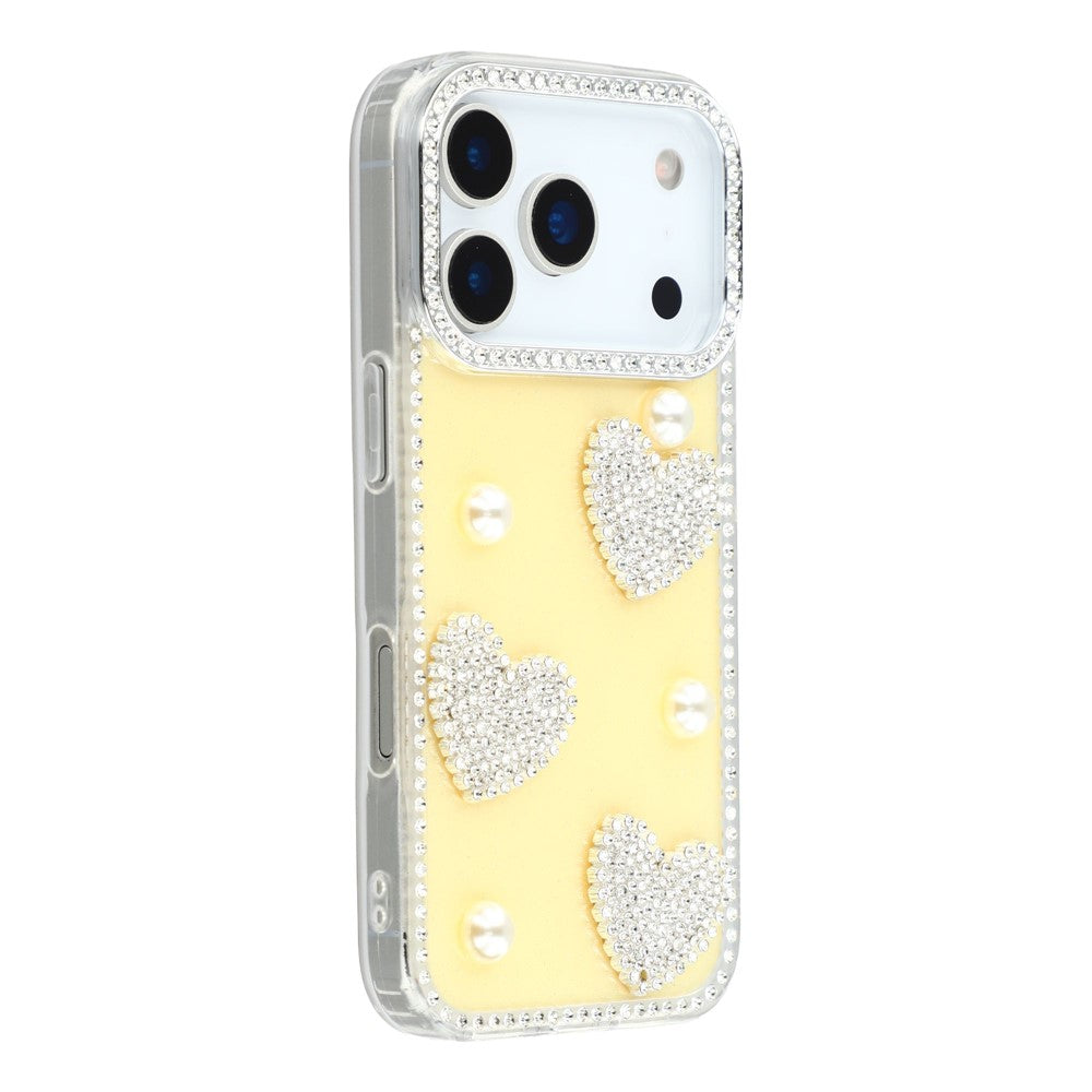 For iPhone 17 Pro Max Case Rhinestone Edge Pearl Love Decor TPU + PC IMD Phone Cover - Glitter Light Yellow
