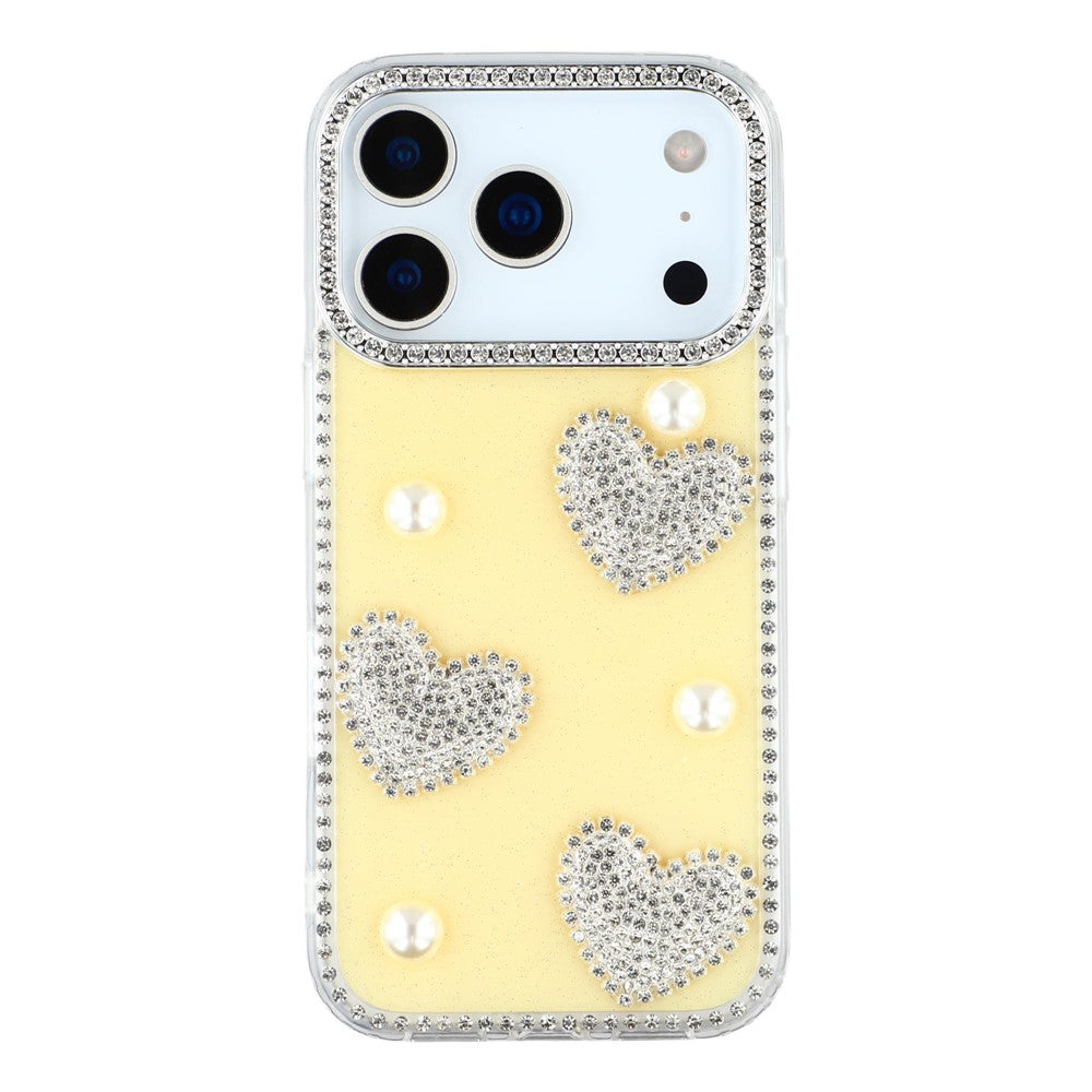 For iPhone 17 Pro Max Case Rhinestone Edge Pearl Love Decor TPU + PC IMD Phone Cover - Glitter Light Yellow