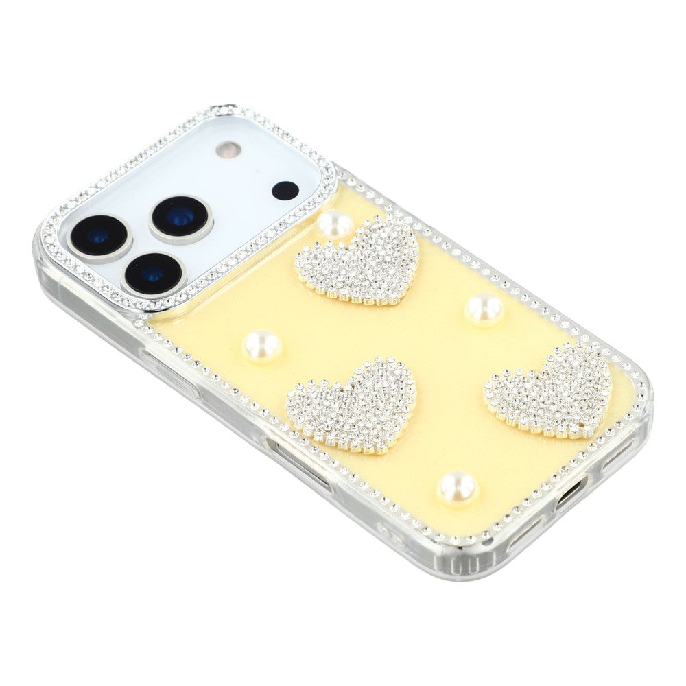 For iPhone 17 Pro Max Case Rhinestone Edge Pearl Love Decor TPU + PC IMD Phone Cover - Glitter Light Yellow