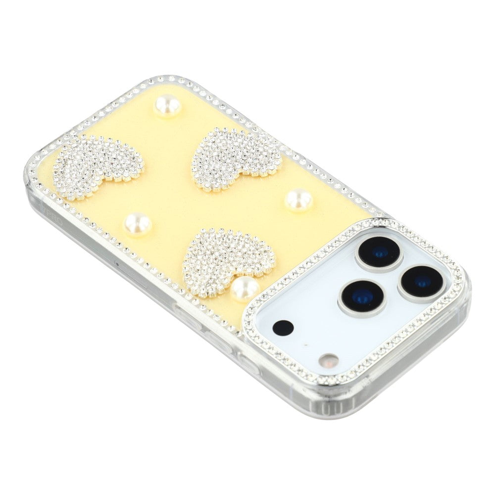 For iPhone 17 Pro Max Case Rhinestone Edge Pearl Love Decor TPU + PC IMD Phone Cover - Glitter Light Yellow