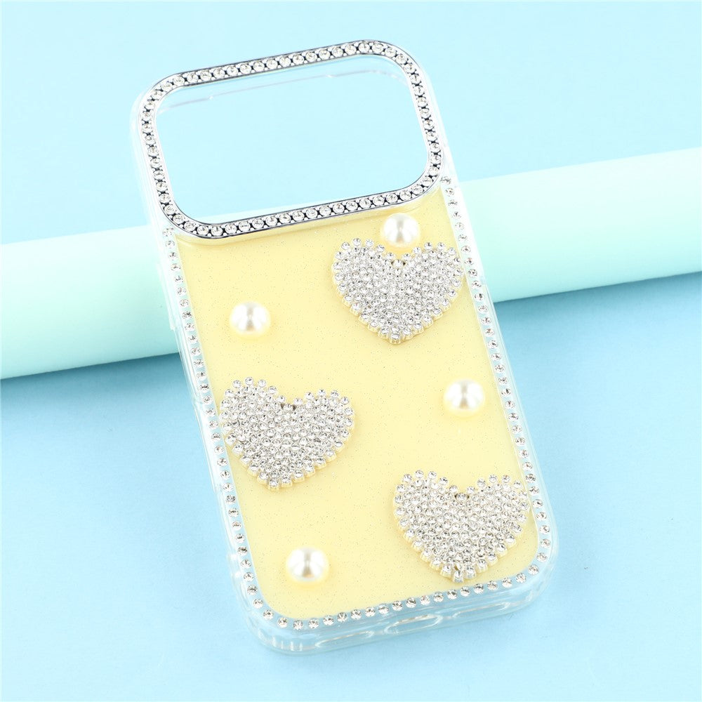 For iPhone 17 Pro Max Case Rhinestone Edge Pearl Love Decor TPU + PC IMD Phone Cover - Glitter Light Yellow