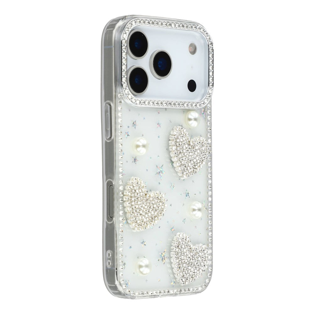 For iPhone 17 Pro Max Case Rhinestone Edge Pearl Love Decor TPU + PC IMD Phone Cover - Starry Transparent