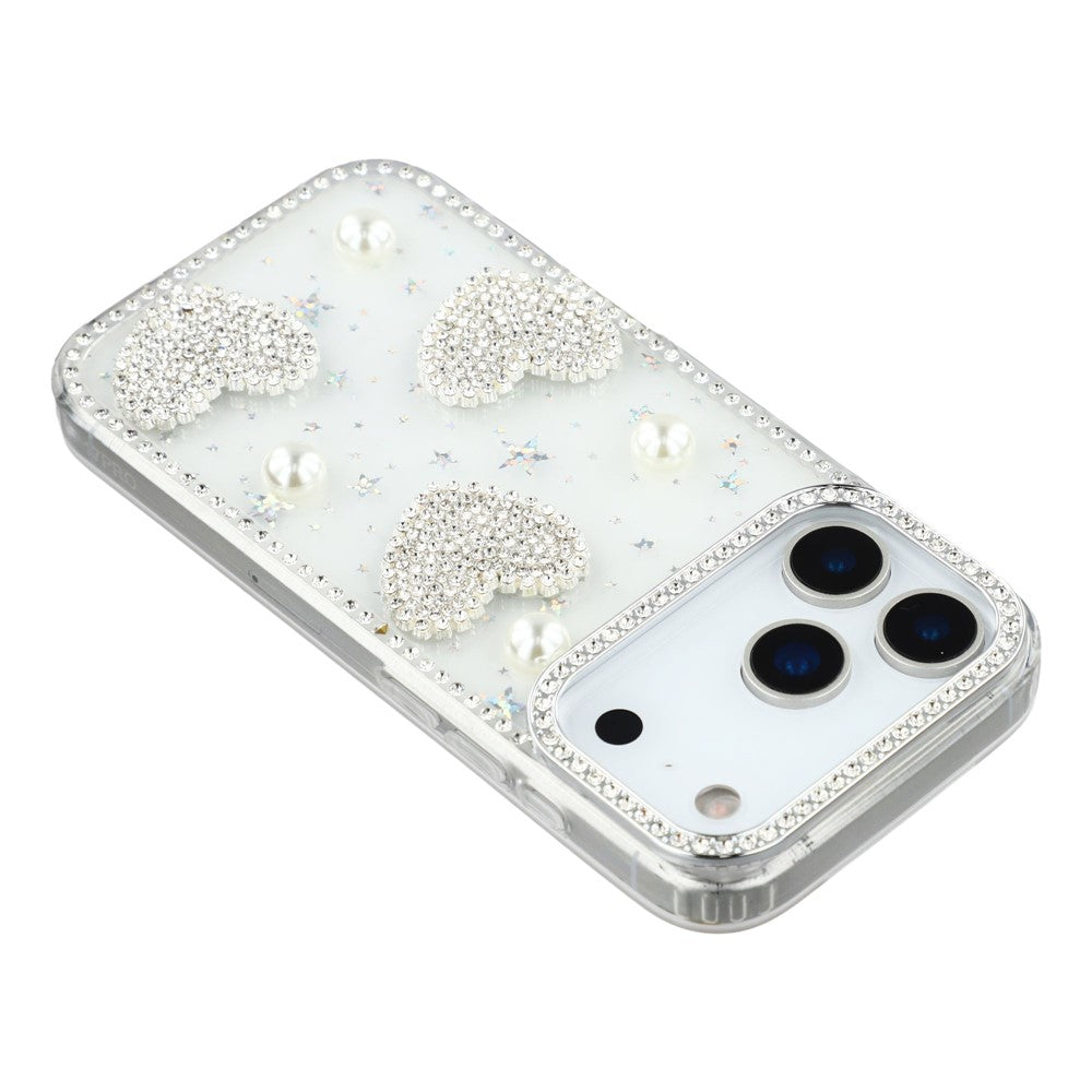 For iPhone 17 Pro Max Case Rhinestone Edge Pearl Love Decor TPU + PC IMD Phone Cover - Starry Transparent