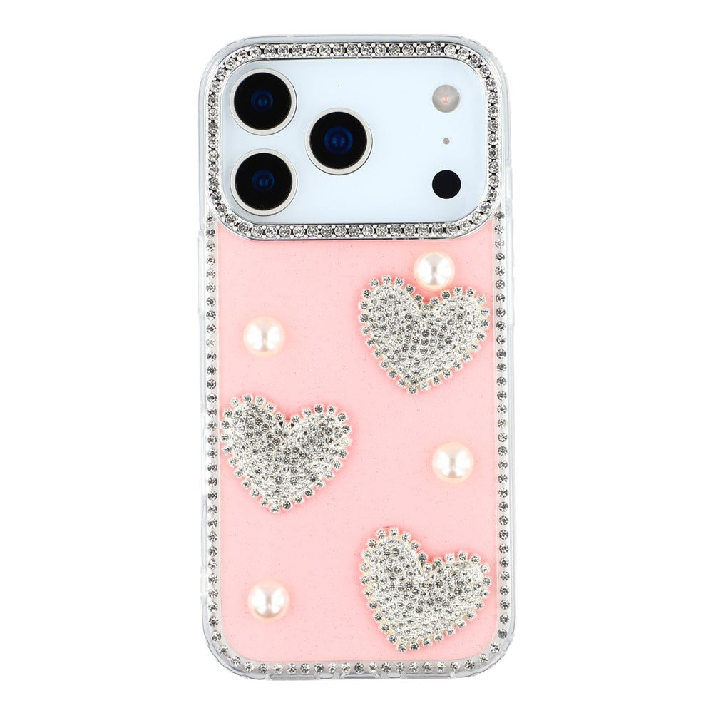 For iPhone 17 Pro Max Case Rhinestone Edge Pearl Love Decor TPU + PC IMD Phone Cover - Glitter Light Pink