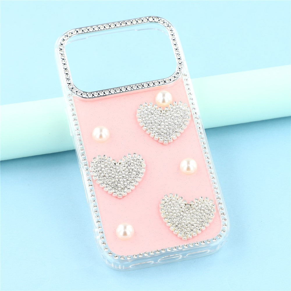 For iPhone 17 Pro Max Case Rhinestone Edge Pearl Love Decor TPU + PC IMD Phone Cover - Glitter Light Pink