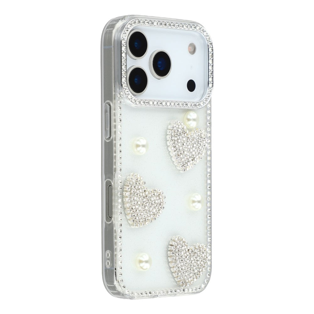 For iPhone 17 Pro Max Case Rhinestone Edge Pearl Love Decor TPU + PC IMD Phone Cover - Glitter Transparent