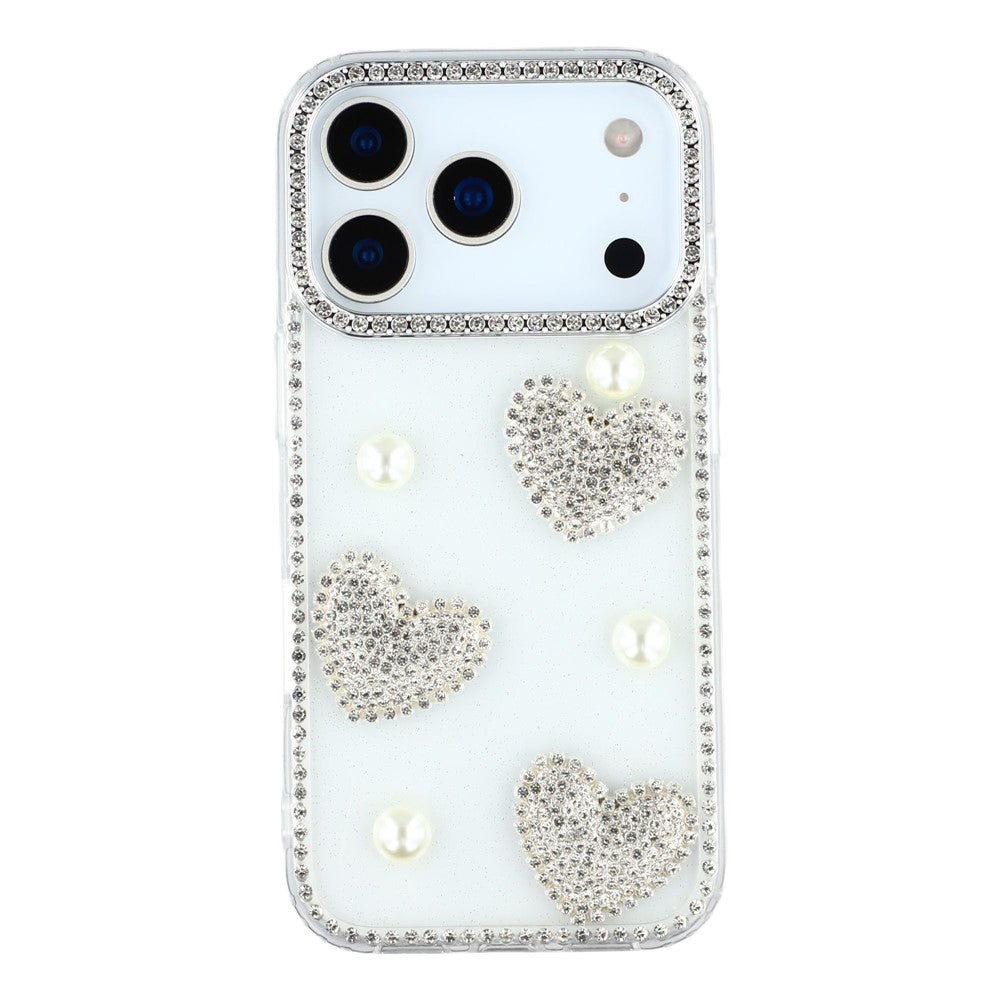 For iPhone 17 Pro Max Case Rhinestone Edge Pearl Love Decor TPU + PC IMD Phone Cover - Glitter Transparent
