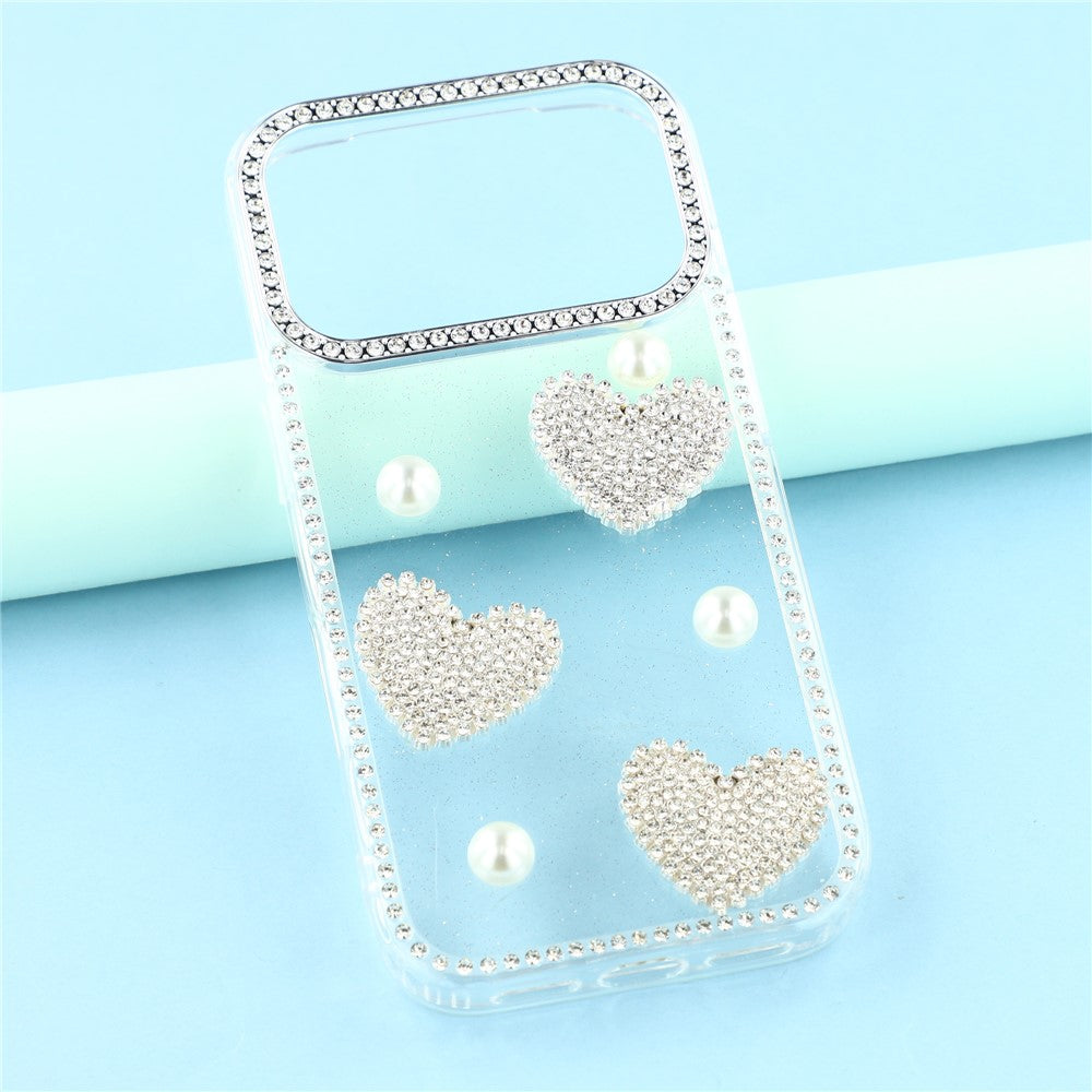 For iPhone 17 Pro Max Case Rhinestone Edge Pearl Love Decor TPU + PC IMD Phone Cover - Glitter Transparent
