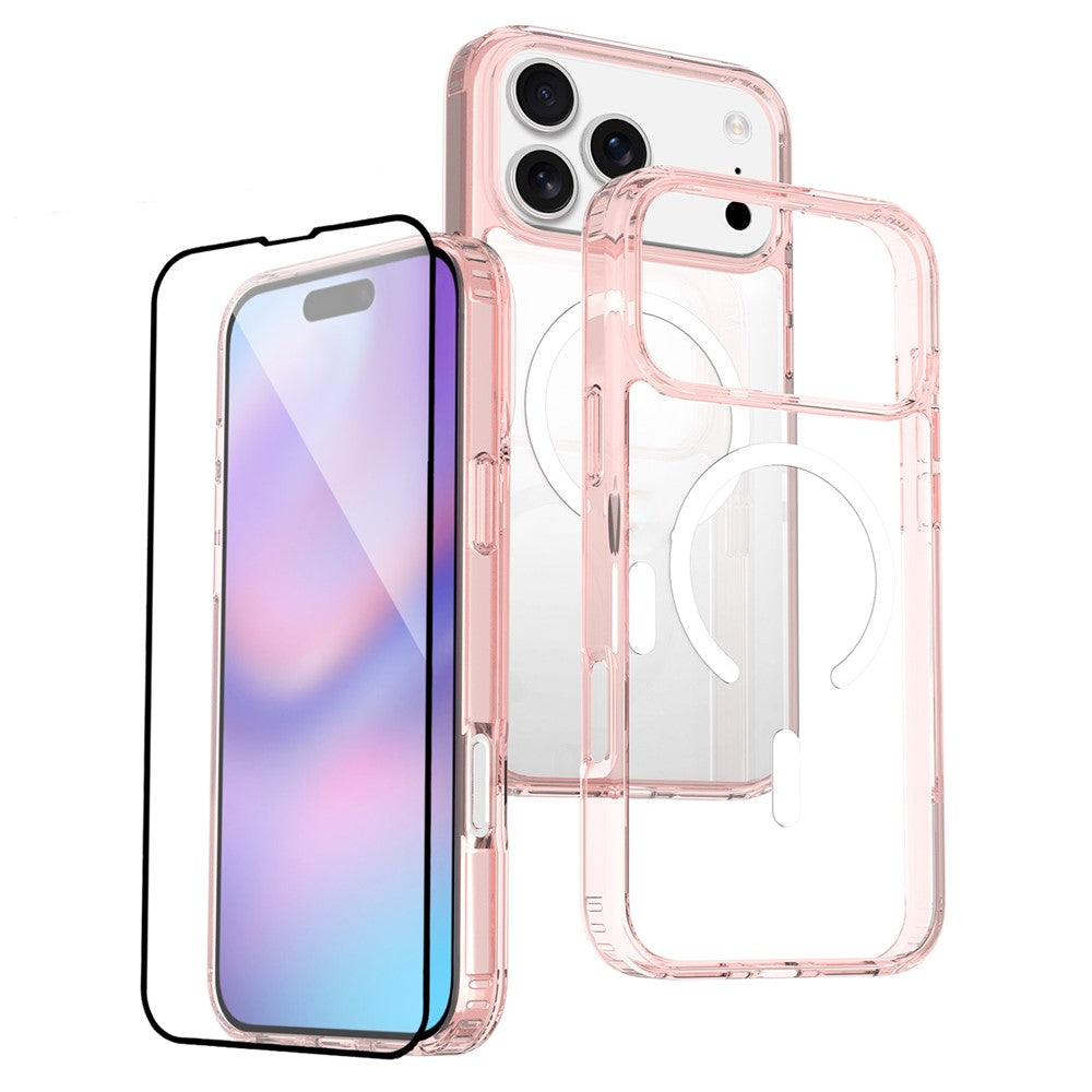For iPhone 17 Pro Max Case Compati with MagSafe PC + TPU Clear Phone Cover with Tempered Glass Screen Protector - Pink