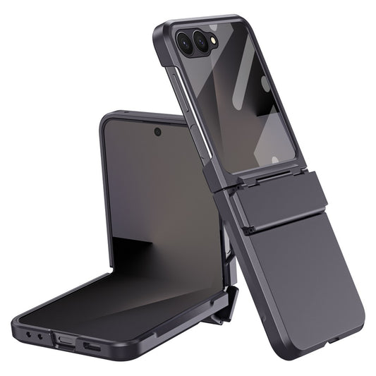 For Samsung Galaxy Z Flip7 5G Case Hard PC Phone Cover with Tempered Glass Rear Screen Protector - Black