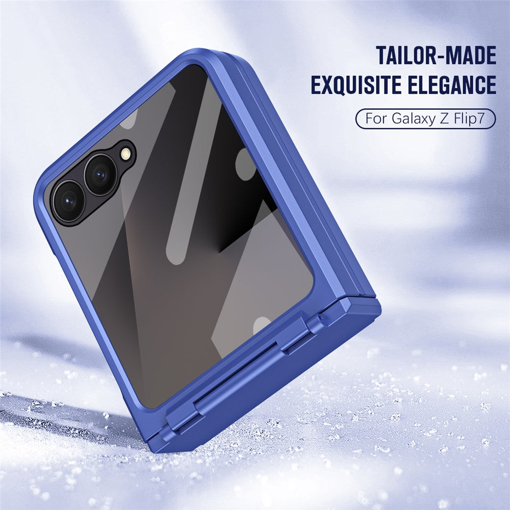 For Samsung Galaxy Z Flip7 5G Case Hard PC Phone Cover with Tempered Glass Rear Screen Protector - Blue