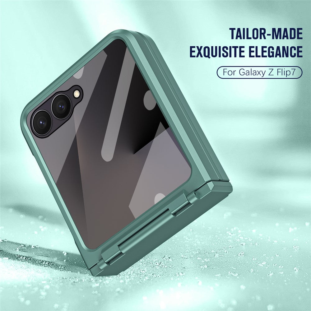 For Samsung Galaxy Z Flip7 5G Case Hard PC Phone Cover with Tempered Glass Rear Screen Protector - Green