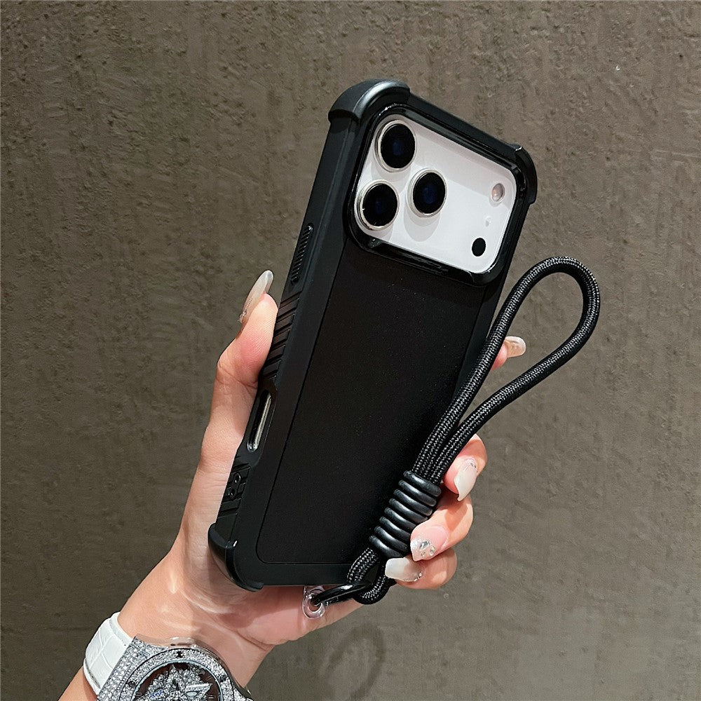 For iPhone 17 Pro Max Case 3 in 1 Shockproof PC TPU Matte Phone Back Cover with Wrist Strap - Black
