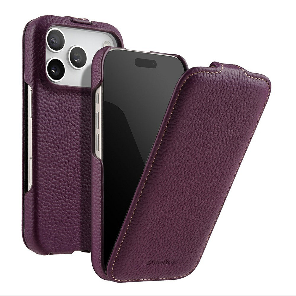MELKCO For iPhone 17 Pro Max Case Compatible with MagSafe Vertical Flip Genuine Cow Leather + PC Phone Cover - Purple