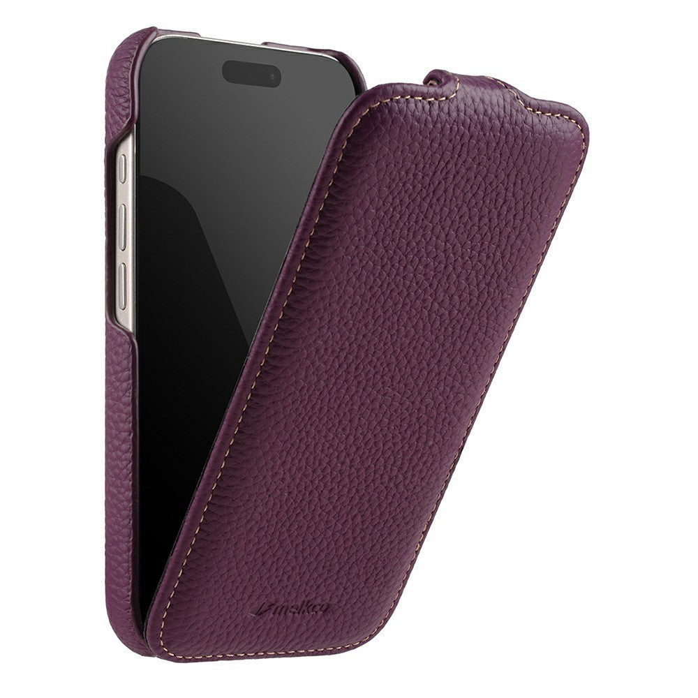 MELKCO For iPhone 17 Pro Max Case Compatible with MagSafe Vertical Flip Genuine Cow Leather + PC Phone Cover - Purple