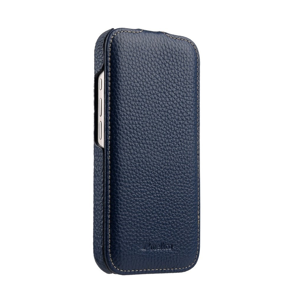 MELKCO For iPhone 17 Pro Max Case Compatible with MagSafe Vertical Flip Genuine Cow Leather + PC Phone Cover - Blue