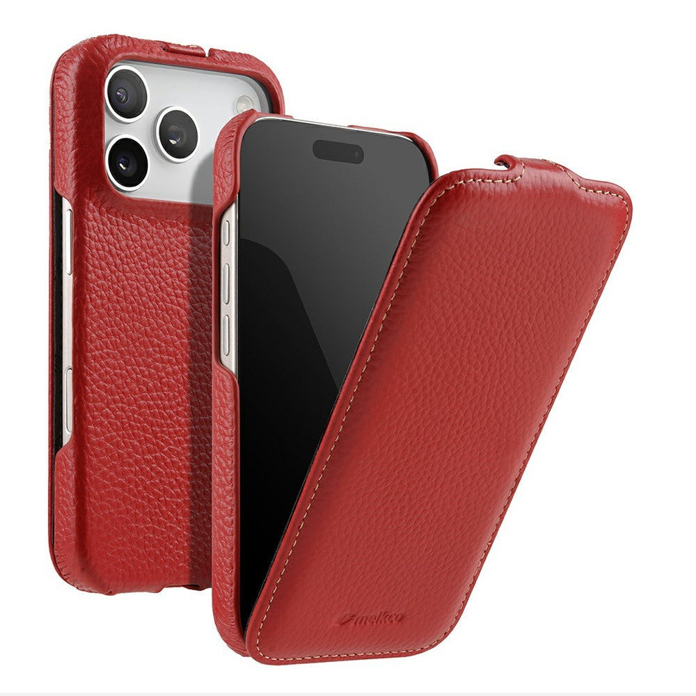 MELKCO For iPhone 17 Pro Max Case Compatible with MagSafe Vertical Flip Genuine Cow Leather + PC Phone Cover - Red