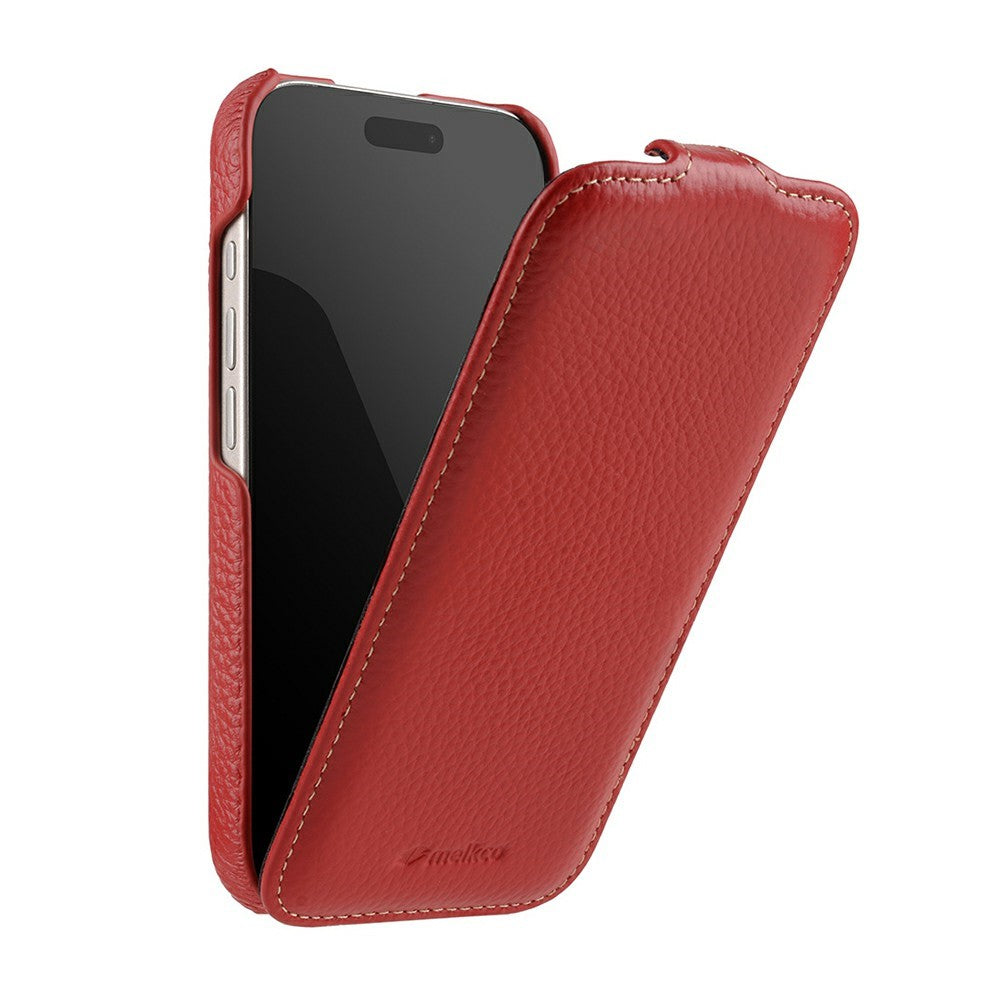 MELKCO For iPhone 17 Pro Max Case Compatible with MagSafe Vertical Flip Genuine Cow Leather + PC Phone Cover - Red