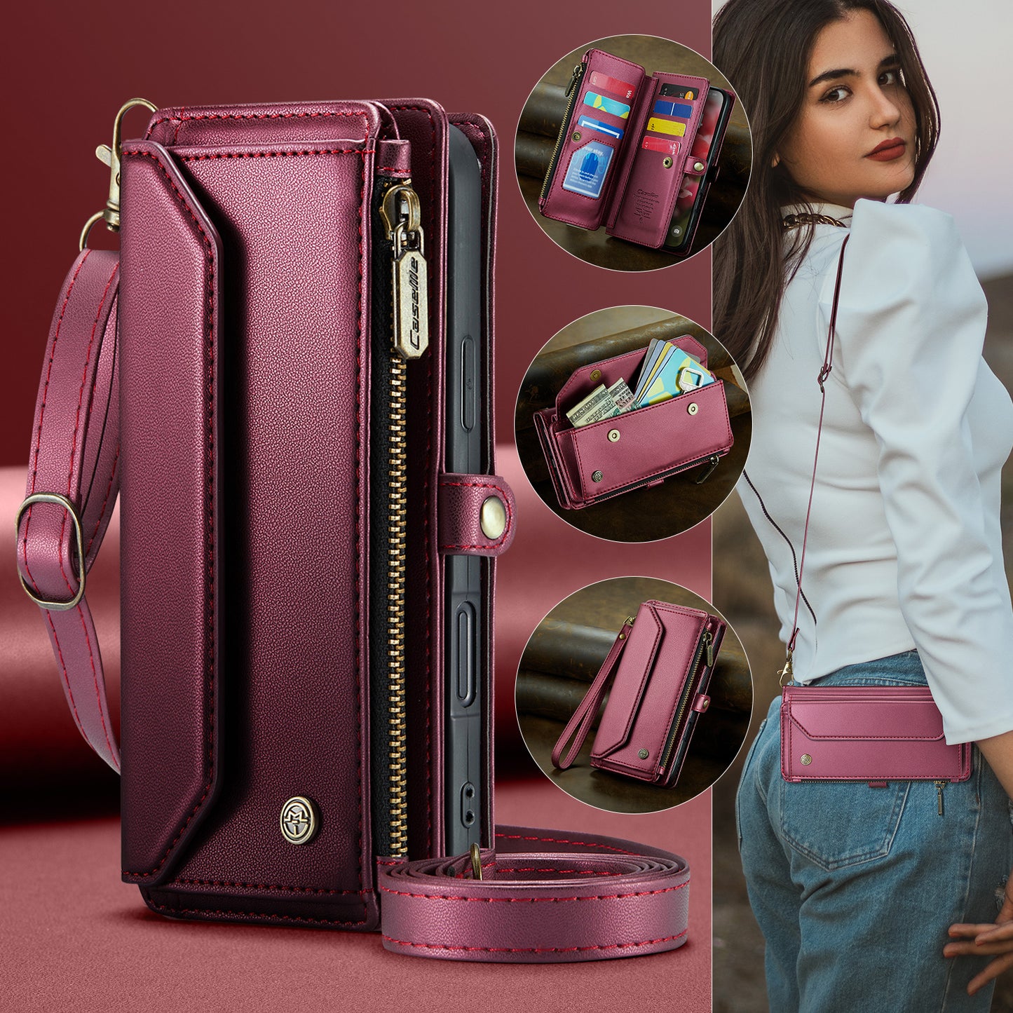 For iPhone 17 Pro Max Leather Case CASEME C36 Zipper 10 Card Slots Phone Cover with Straps - Red