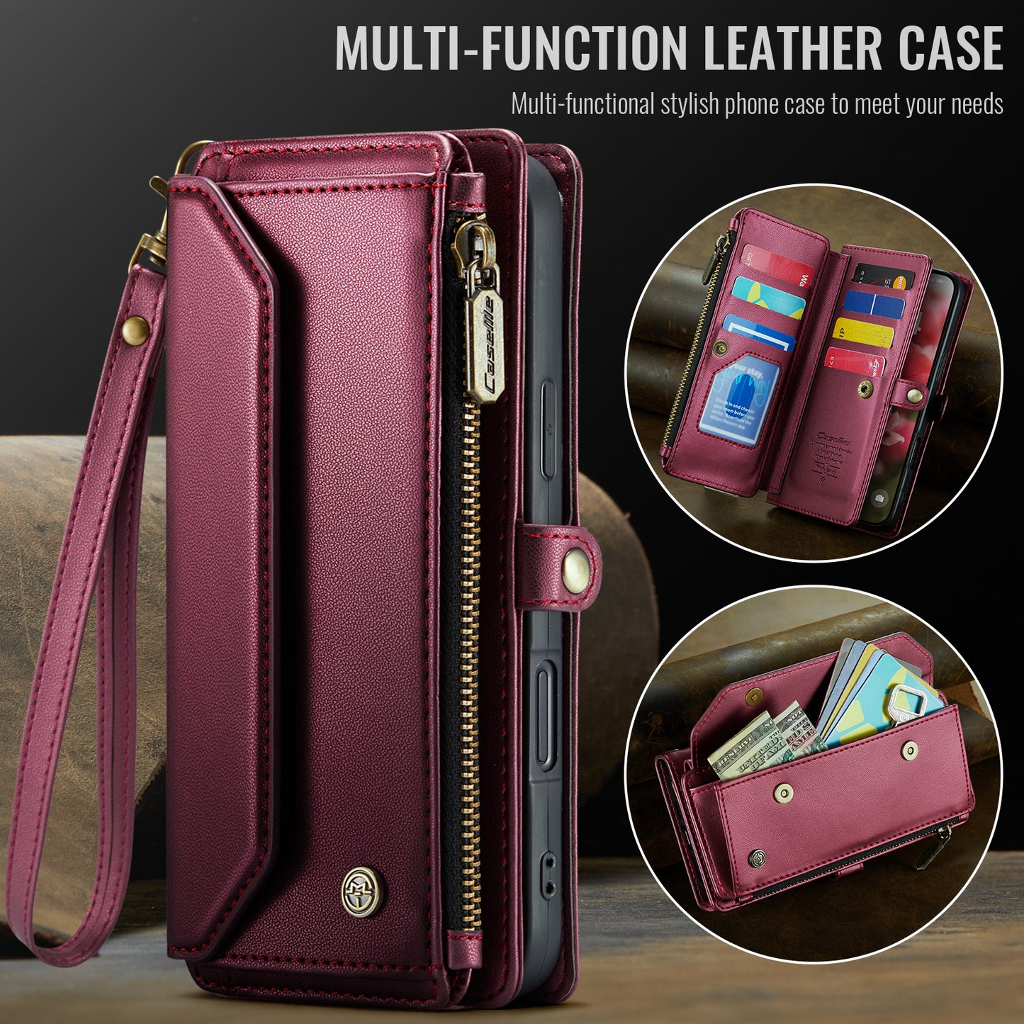 For iPhone 17 Pro Max Leather Case CASEME C36 Zipper 10 Card Slots Phone Cover with Straps - Red