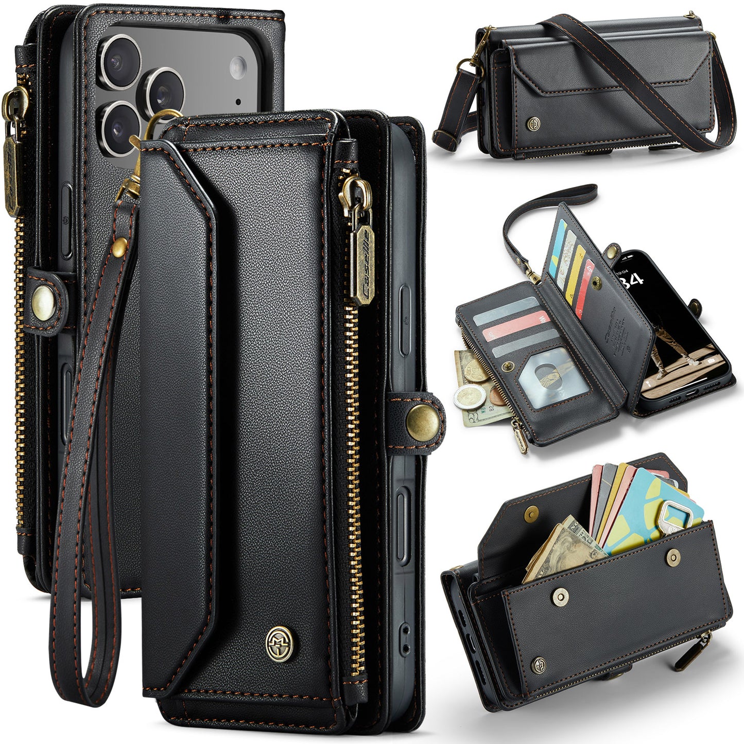 For iPhone 17 Pro Max Leather Case CASEME C36 Zipper 10 Card Slots Phone Cover with Straps - Black