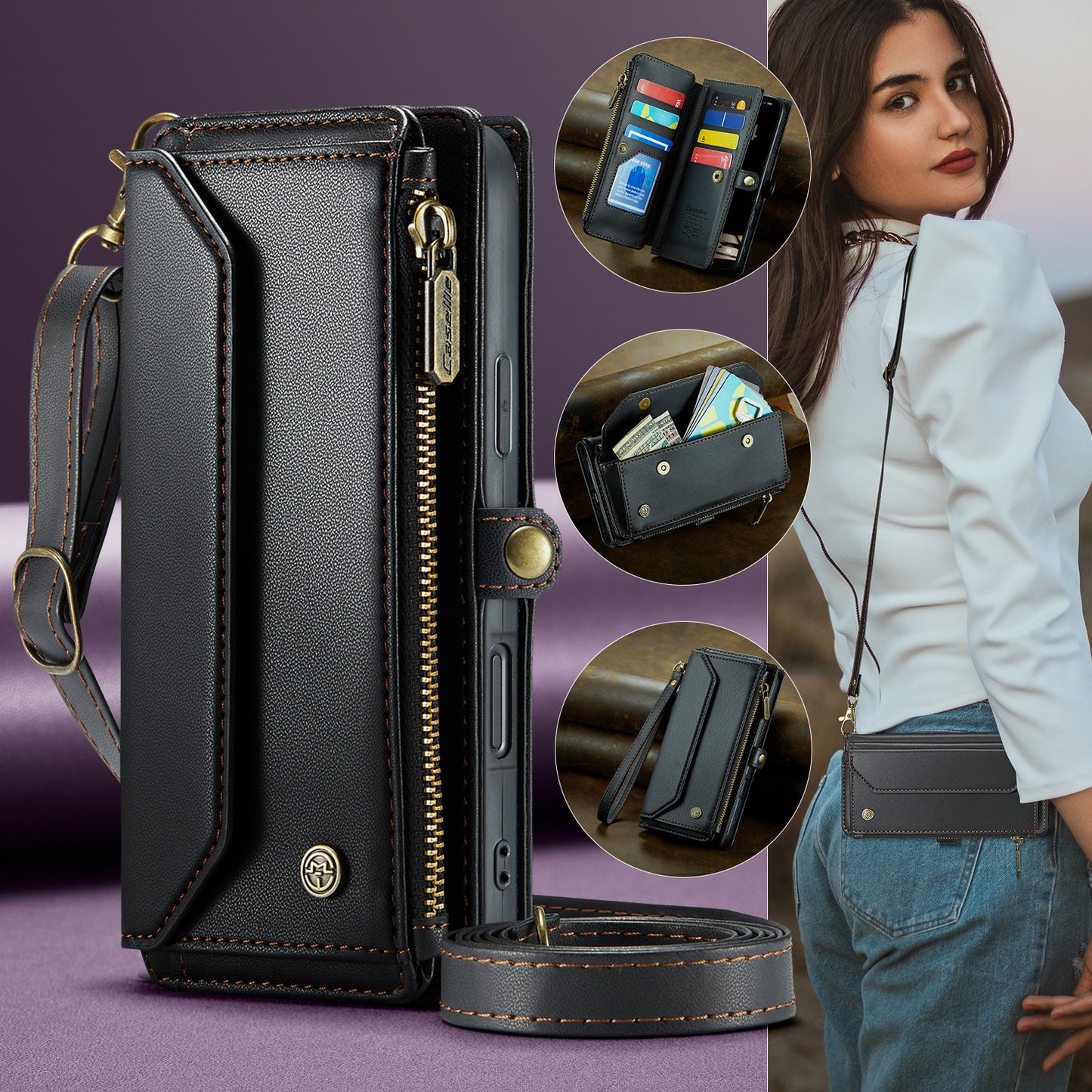 For iPhone 17 Pro Max Leather Case CASEME C36 Zipper 10 Card Slots Phone Cover with Straps - Black