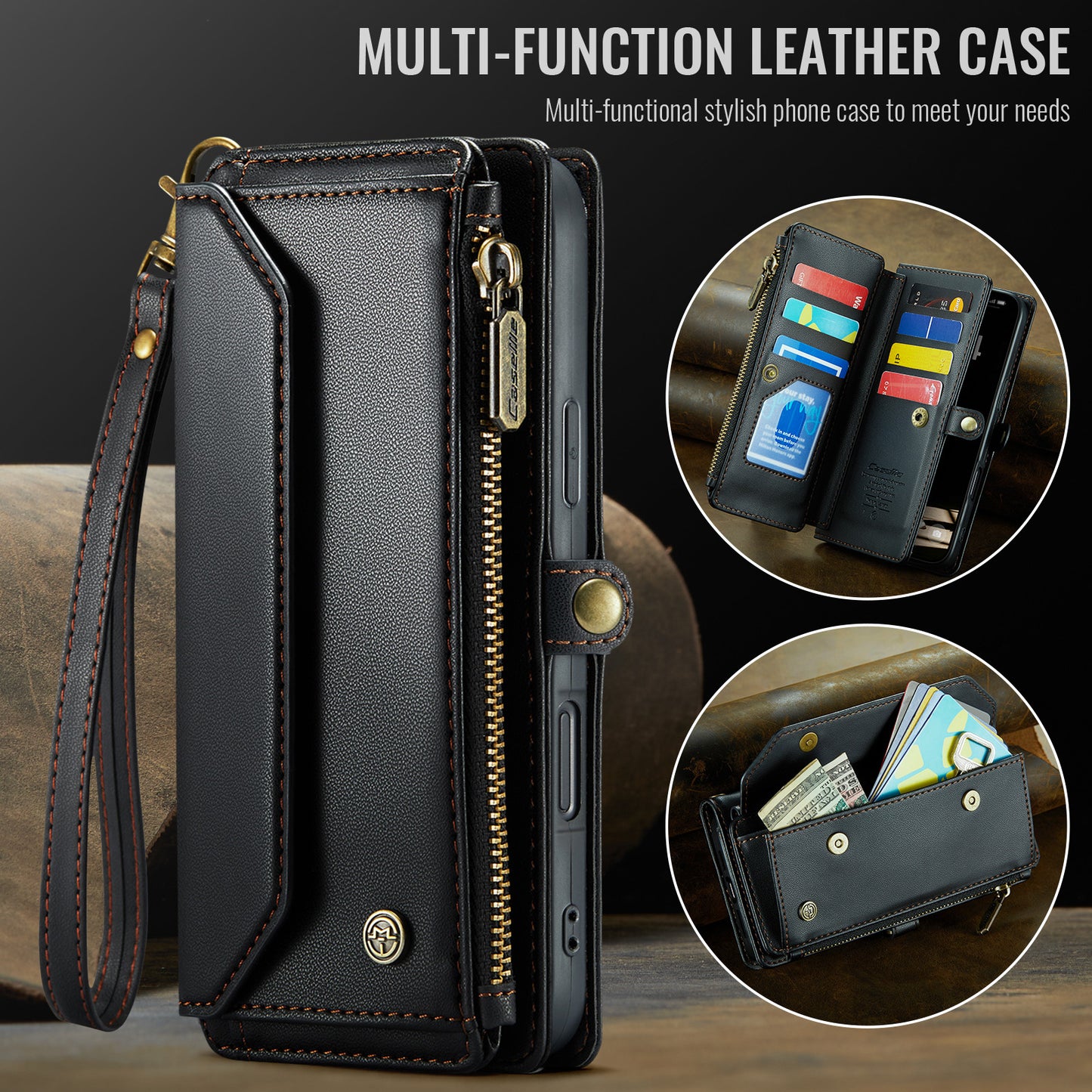 For iPhone 17 Pro Max Leather Case CASEME C36 Zipper 10 Card Slots Phone Cover with Straps - Black