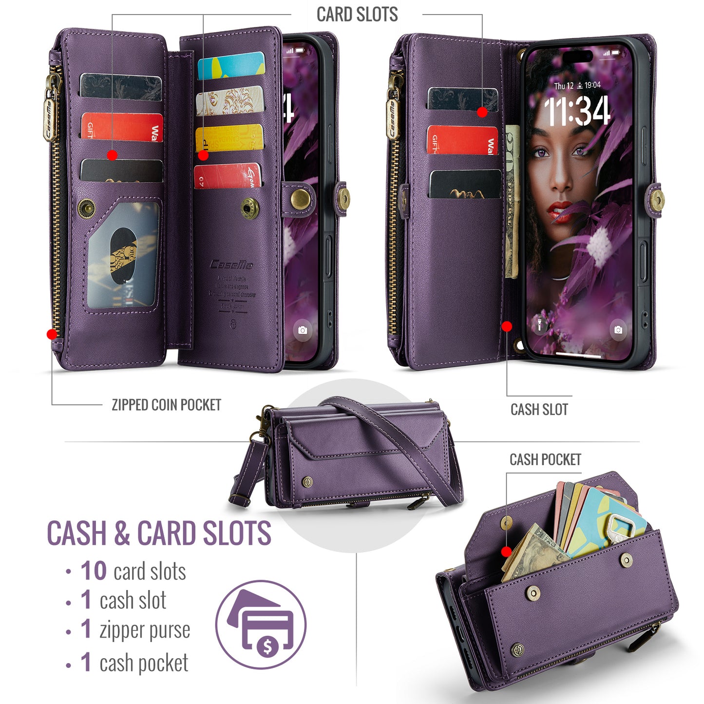 For iPhone 17 Pro Max Leather Case CASEME C36 Zipper 10 Card Slots Phone Cover with Straps - Purple