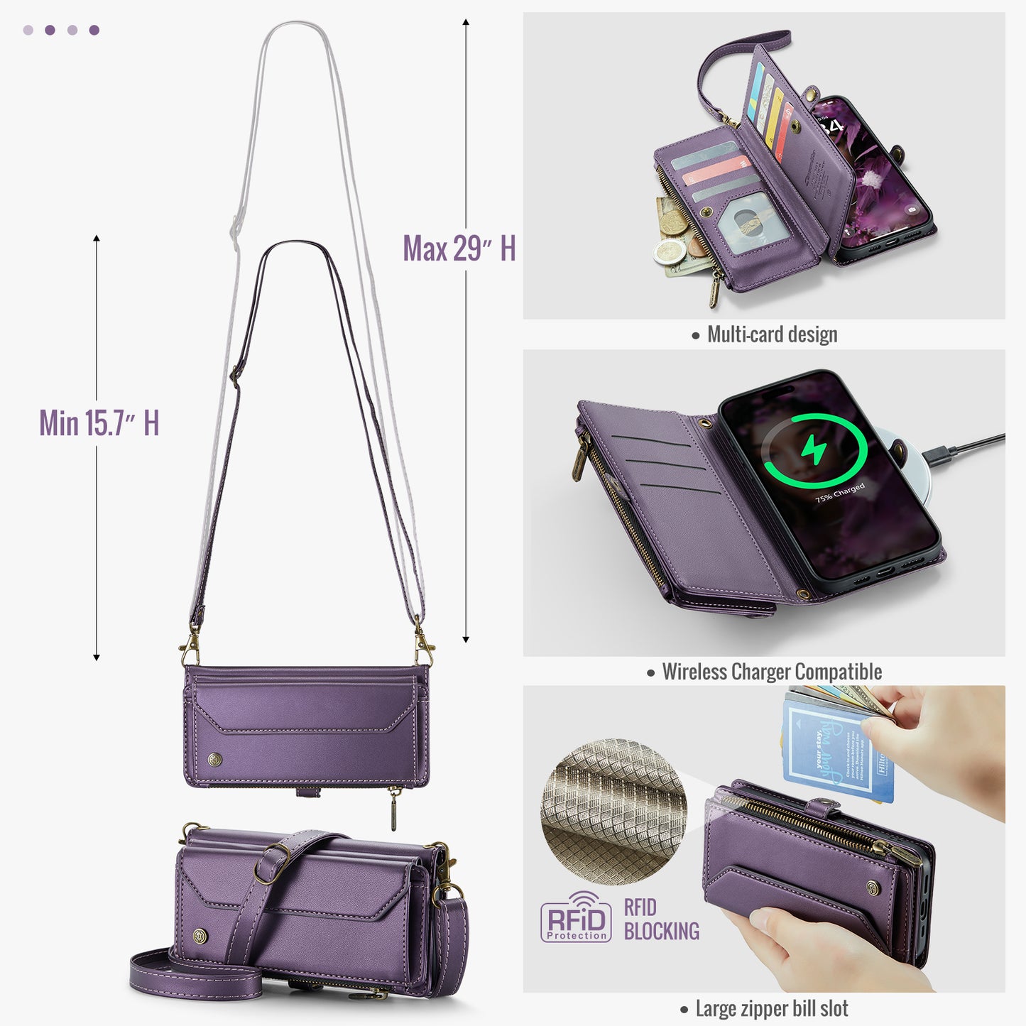 For iPhone 17 Pro Max Leather Case CASEME C36 Zipper 10 Card Slots Phone Cover with Straps - Purple