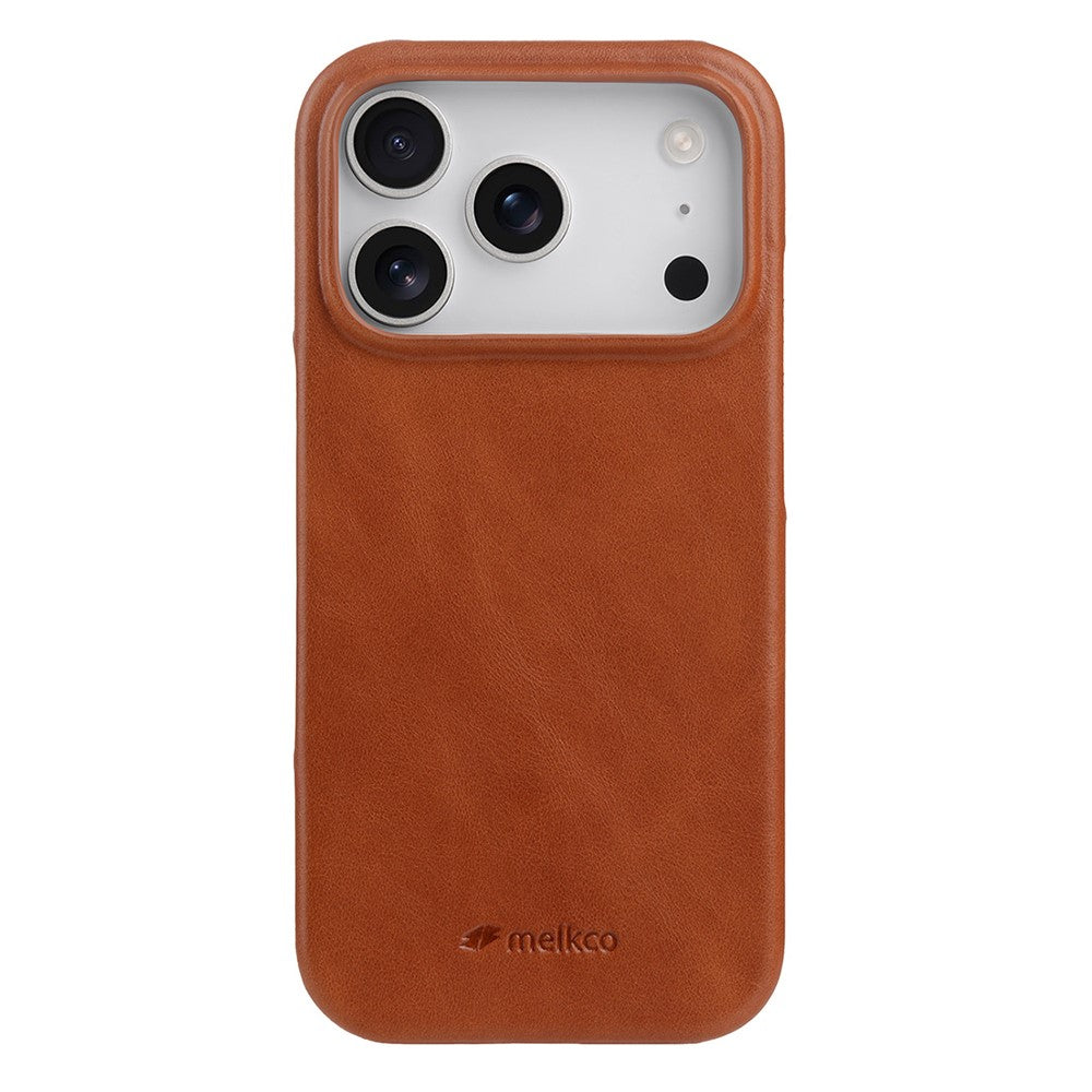 MELKCO For iPhone 17 Pro Max Case Compatible with MagSafe Waxy Genuine Cow Leather PC Phone Back Cover - Brown