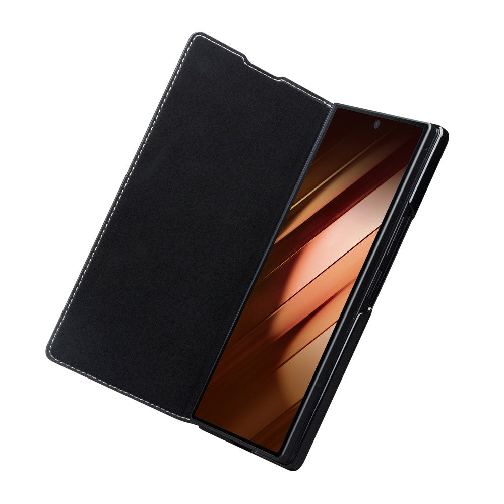 QIALINO For Samsung Galaxy Z Fold7 5G Case Genuine Cow Leather Flip Phone Cover, Black