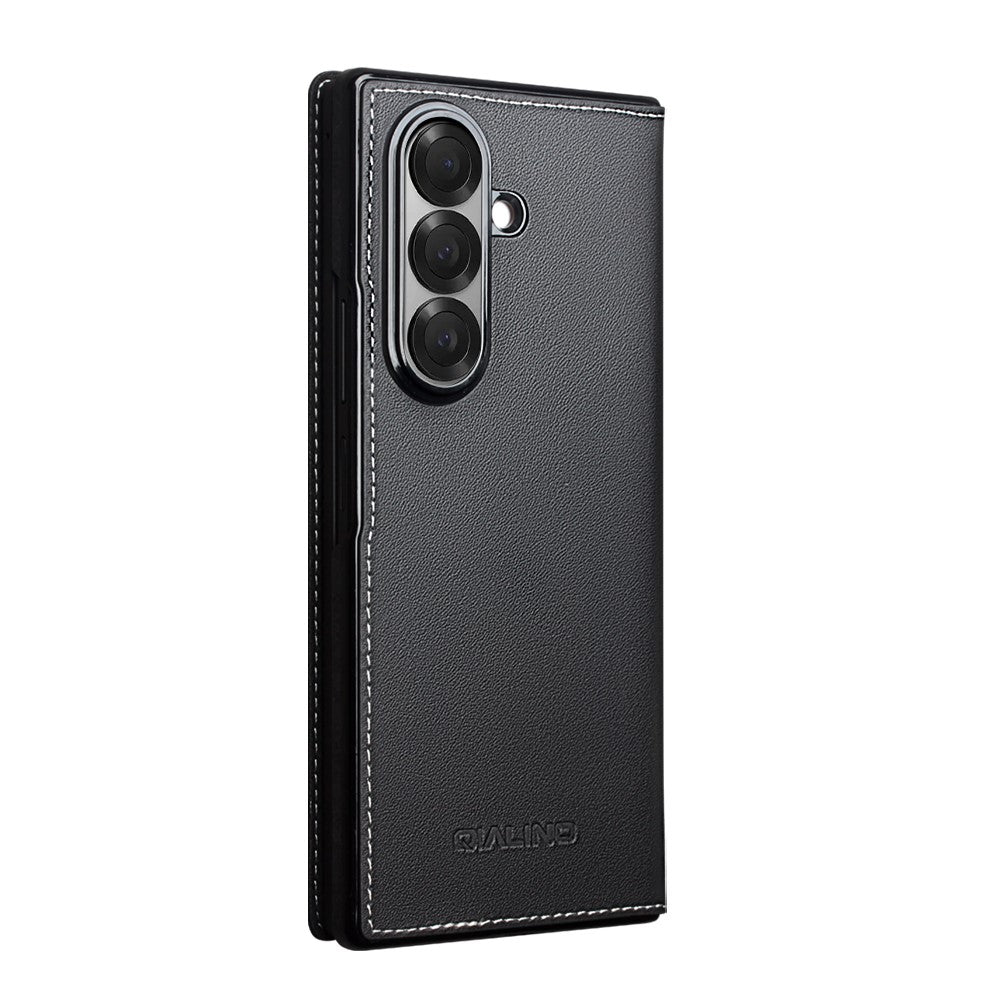 QIALINO For Samsung Galaxy Z Fold7 5G Case Genuine Cow Leather Flip Phone Cover, Black