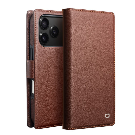 QIALINO For iPhone 17 Pro Max Case Compatible with MagSafe Detachable Genuine Cow Leather Wallet Phone Cover - Brown