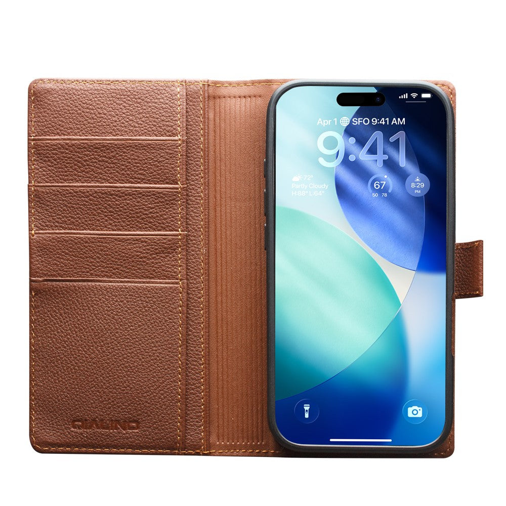 QIALINO For iPhone 17 Pro Max Case Compatible with MagSafe Detachable Genuine Cow Leather Wallet Phone Cover - Brown