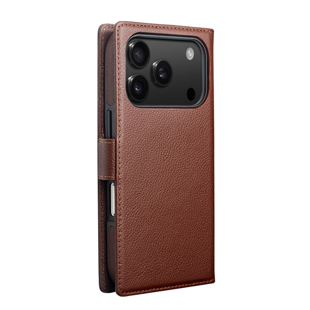 QIALINO For iPhone 17 Pro Max Case Compatible with MagSafe Detachable Genuine Cow Leather Wallet Phone Cover - Brown