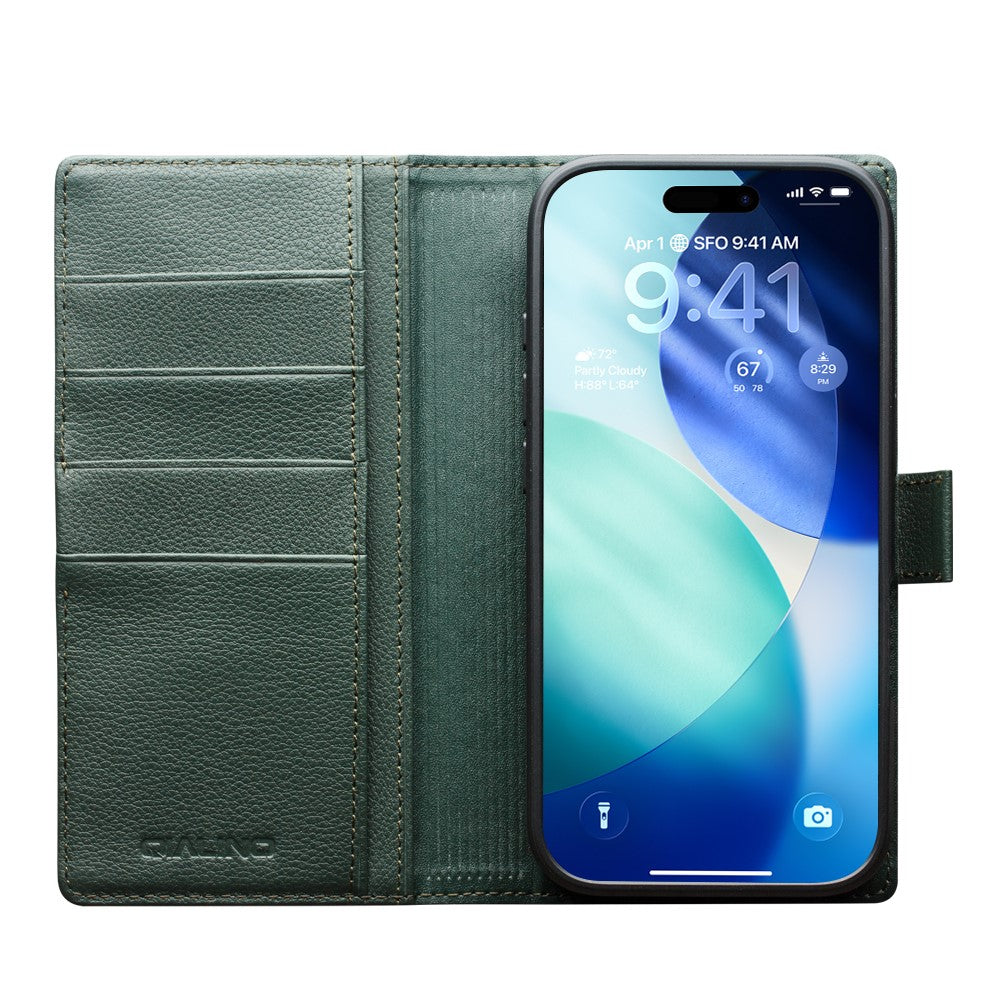 QIALINO For iPhone 17 Pro Max Case Compatible with MagSafe Detachable Genuine Cow Leather Wallet Phone Cover - Green