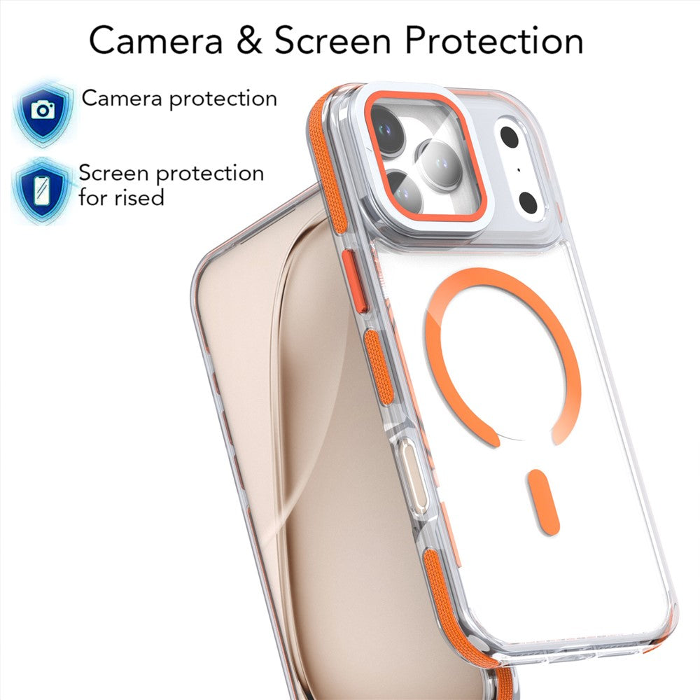 For iPhone 17 Pro Max Magnetic Case TPU Acrylic Clear Phone Back Cover with Lens Protector Kickstand - White